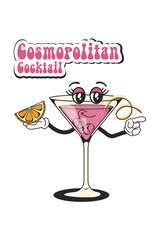 Cosmopolitan retro cocktail in groovy style. Quirky character from the 60's in a modern style. Vintage design. Vector illustration