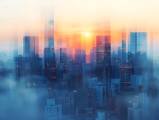 Obraz premium Captivating Cityscape at Sunrise with Minimalist Geometric Shapes and Soothing Color Palette