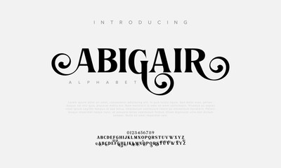 Abigair swash luxury elegant alphabet letters and numbers. Vintage wedding typography classic serif font decorative vintage retro. creative vector illustration