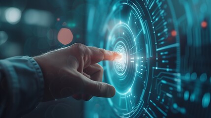 Man using thumb to scan finger print or for digital processing biometric