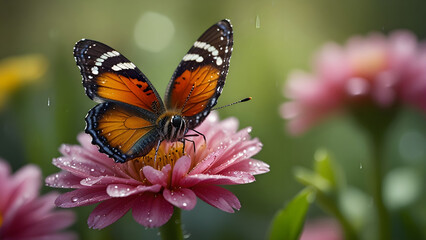 Obraz premium Colorful butterfly resting on pink flower in rain