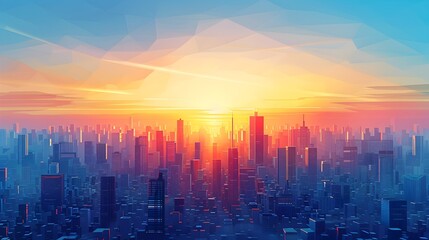 Fototapeta premium Serene Minimalist Cityscape at Sunrise Geometric Skyline with Vibrant Blue and Orange Hues