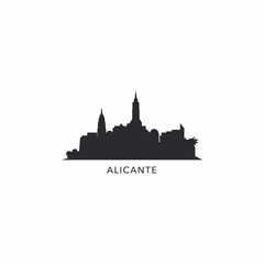 Naklejka premium Spain Alicante skyline, horizon, city panorama vector flat logo, icon. Valencian Community emblem idea with landmarks and building silhouettes, isolated black clipart