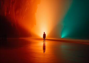 A man standing in a vast underground cave chamber with intricate rock formations and a subterranean blue river, with beautiful colorful light and sun beams coming in from the top into the cave.