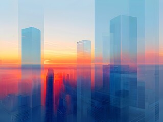 Fototapeta premium Minimalist Cityscape at Sunrise with Geometric Skyscrapers and Calming Color Palette