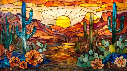 stained glass art of A tranquil desert scene with towering cacti, blooming desert flowers, and a shimmering oasis under a blazing sun, glowing, soft glow, vibrant, shine, stained glass art