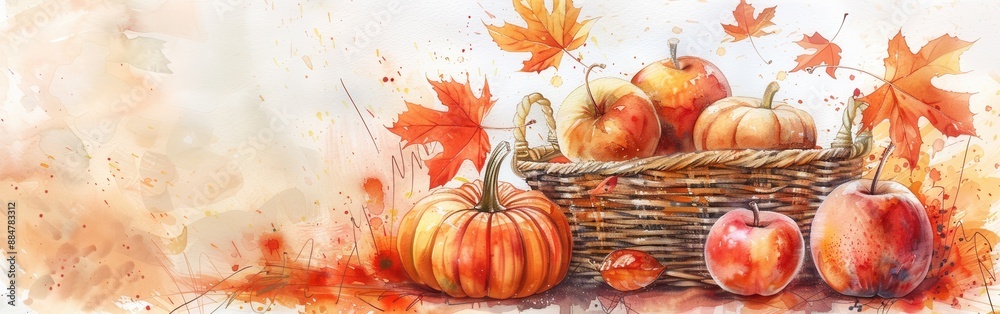 Aufkleber a watercolor painting depicting a basket overflowing with red apples and a single pumpkin, surrounde