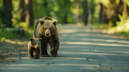 Mother Bear's Trail: A heartwarming scene of a mother bear and her cub walking side by side down a quiet forest path, bathed in warm sunlight.