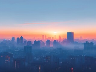 Minimalist Cityscape at Sunrise with Vibrant Color Palette