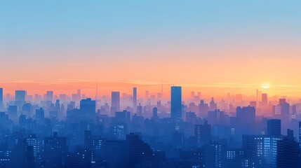 Fototapeta premium Serene Cityscape at Dawn with Minimalist Geometric Shapes and Warm Color Palette