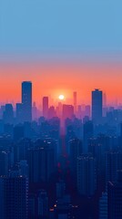 Fototapeta premium Minimalist Digital Cityscape Sunrise with Geometric Skyscrapers and Calm Color Palette