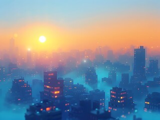 Fototapeta premium Minimalist Cityscape at Sunrise Geometric Shapes and Vibrant Color Palette