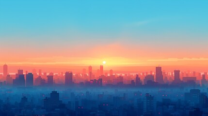 Fototapeta premium Minimalist Digital Cityscape at Serene Sunrise with Geometric Shapes and Calm Color Palette