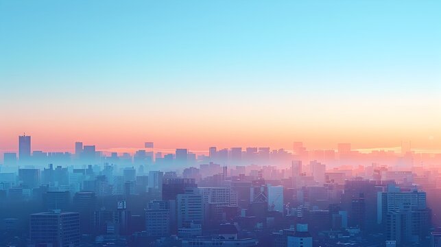 Minimalist Digital Cityscape at Sunrise with Geometric Shapes and Muted Color Palette