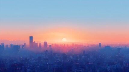 Majestic Cityscape at Tranquil Sunrise Minimalist Geometric Skyline in Soothing Tones
