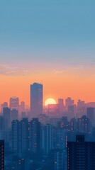 Obraz premium Serene Cityscape Sunrise with Geometric Skyline and Vibrant Color Palette