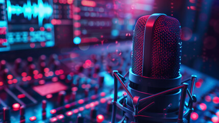 high-tech broadcasting microphone in an audio production setup with abstract voice over waveforms and digital sound editing tools. Podcasting concept