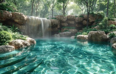 Naklejka premium Tranquil Forest Waterfall with Crystal Clear Pool Surrounded by Lush Greenery and Sunlight Filtering Through Trees