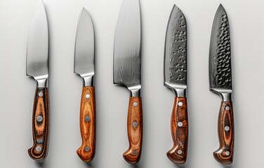 Set of Five High-Quality Chef Knives with Wooden Handles on a White Background