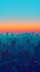 Obraz premium Minimalist Digital Cityscape at Vibrant Sunrise with Geometric Architectural Silhouettes