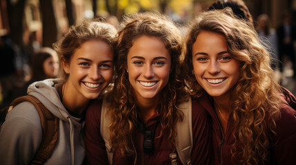 Obraz premium Happy group of young people smiling at camera outdoors. Portrait, university students and group of friends getting ready for learning.