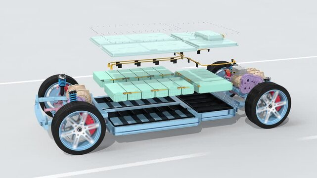 Explode view of electric vehicle chassis equipped with battery pack on the road. 3D rendering animation.
