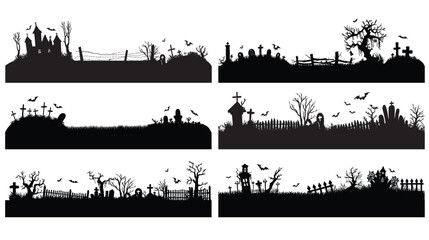 Set of halloween silhouettes border on white background, Spooky halloween border illustration,Cute Cartoon Style Illustration for Kids' Holiday