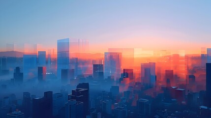 Fototapeta premium Minimalist Digital Cityscape at Sunrise with Geometric Shapes and Muted Color Palette