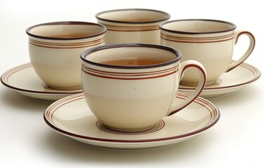 Elegant Set of Four Beige Ceramic Cups with Saucers Featuring Red and Brown Stripes