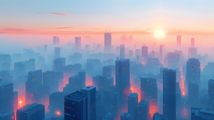 Fototapeta premium Minimalist Digital Cityscape at Serene Sunrise with Geometric Shapes and Vibrant Colors