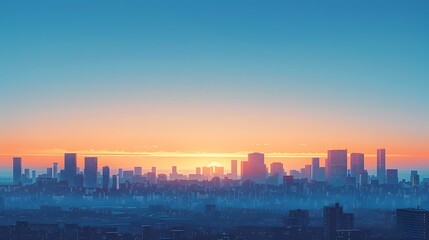 Minimalist Digital Artwork of Serene Cityscape at Sunrise or Sunset with Simple Shapes and Calming Colors