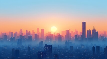 Fototapeta premium Minimalist Cityscape at Vibrant Sunrise With Geometric Architectural Silhouettes