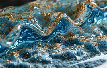 Fototapeta premium Abstract Artistic Close-Up of Blue and Gold Fluid Art with Textured Waves and Metallic Accents