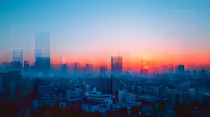 Minimalist Cityscape at Sunrise with Geometric Shapes and Vibrant Colors