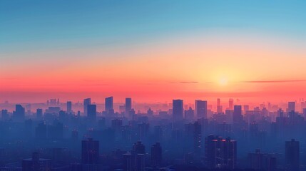 Minimalist Digital Cityscape Skyline at Sunrise with Geometric Shapes and Vibrant Color Palette