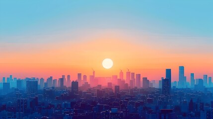 Fototapeta premium Minimalist Digital Cityscape Skyline at Serene Sunrise with Geometric Shapes and Warm Colors