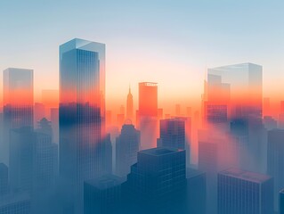 Obraz premium Minimalist Digital Cityscape at Serene Sunrise with Geometric Skyscrapers and Mist