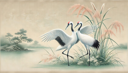 Naklejka premium 日本画（Japanese painting）／鶴 anime イラスト