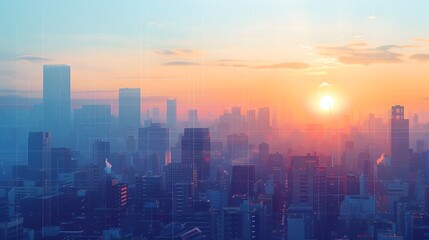 Fototapeta premium Minimalist Digital Cityscape Sunrise Panorama with Geometric Skyscrapers and Serene Color Palette
