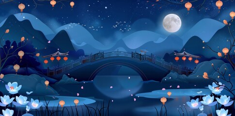 Chinese style background, lanterns and ancient buildings on both sides of the bridge, 
