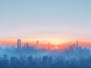 Fototapeta premium Minimalist Digital Artwork of Serene Cityscape at Sunrise with Geometric Shapes and Calming Color Palette