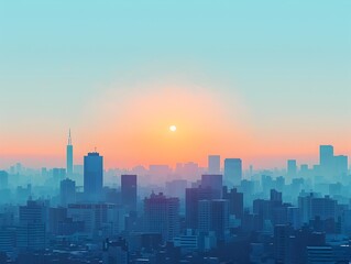 Fototapeta premium Minimalist Digital Artwork of a Serene Cityscape at Sunrise with Geometric Shapes and Calming Color Palette