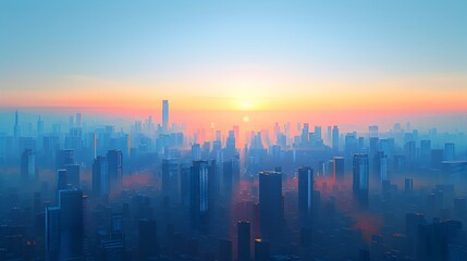 Fototapeta premium Breathtaking Minimalist Cityscape at Sunrise with Simple Geometric Shapes and Serene Color Palette
