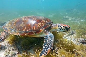 Fototapeta premium Colorful sea turtle swimming gracefully among vibrant coral reefs in clear blue water, showcasing marine life beauty.