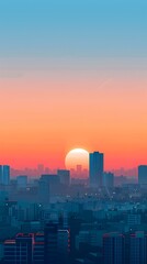 Fototapeta premium Minimalist Digital Cityscape at Sunrise with Geometric Skyscrapers and Calming Color Palette