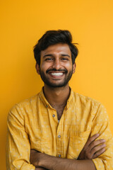 Fototapeta premium Happy young Indian man smiling and posing cheerfully against a solid yellow background