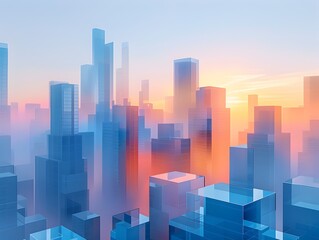Naklejka premium Minimalist Cityscape at Sunrise with Geometric Skyscrapers and Calm Color Palette