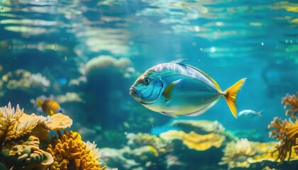 Fototapeta premium Vibrant underwater scene featuring a colorful fish swimming among coral reefs in clear blue water, showcasing marine beauty.