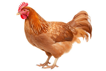 Fototapeta premium A brown hen with a red comb and wattle stands on a white background