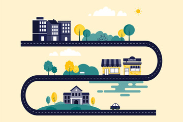 The geometric flat design of a cityscape with buildings, shops, a winding road, a park, trees, cars, sun and clouds. Emphasizing eco-friendly living and urban development. Vector illustration